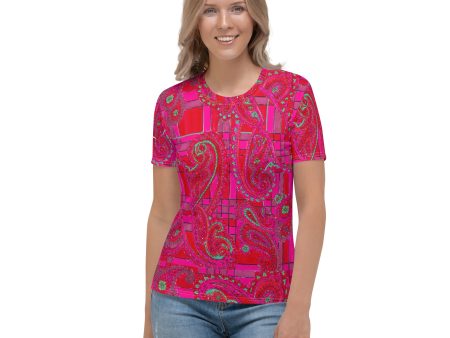 Bright Fuscia and Red Poppy Paisley on Plaid Women s T-shirt Hot on Sale