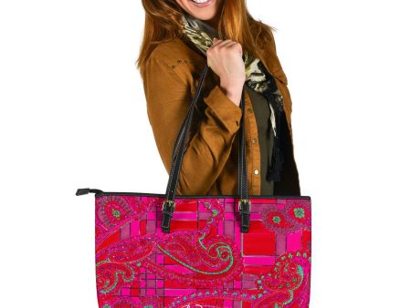 Bright Fuscia and Red Poppy Paisley on Plaid Large Tote Bag Online Sale