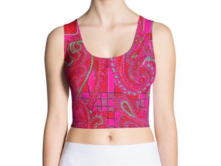 Bright Fuscia and Red Poppy Paisley on Plaid Crop Top Sale