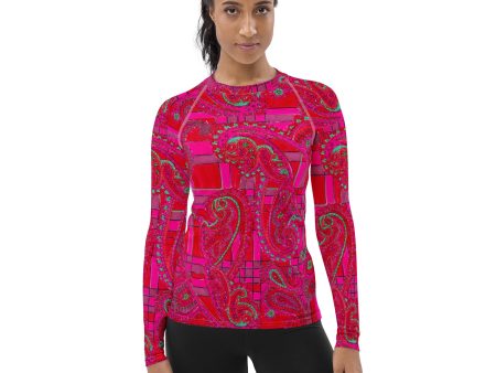 Bright Fuscia and Red Poppy Paisley on Plaid Long Sleeve Top Online Hot Sale