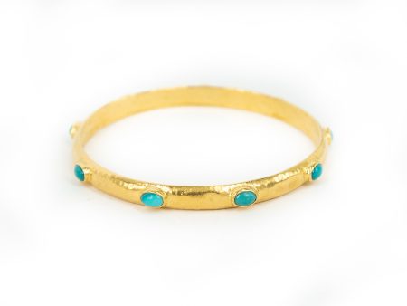 Hammered Yellow Gold Turquoise Bangle For Sale