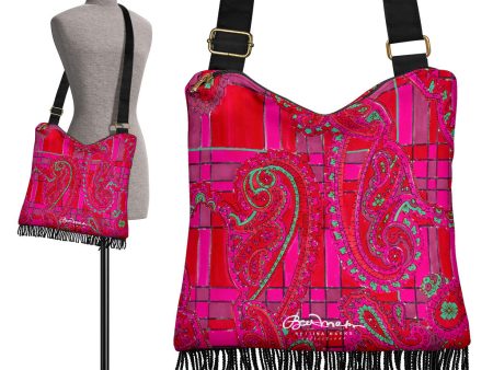 Bright Fuscia and Red Poppy Paisley on Plaid Boho Bag Discount