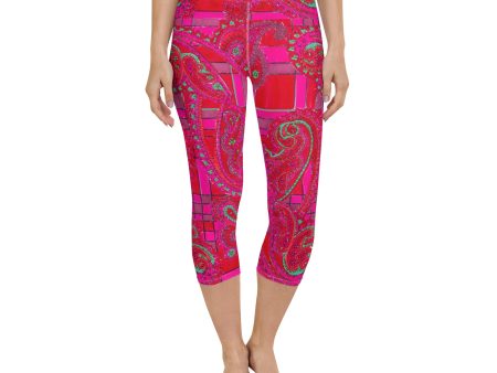 Bright Fuscia and Red Poppy Paisley on Plaid Yoga Capri Leggings For Cheap