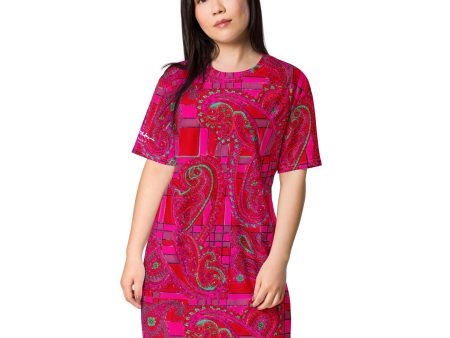 Bright Fuscia and Red Poppy Paisley on Plaid T-shirt dress Fashion