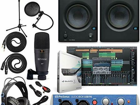 Presonus AudioBox 96 Audio Interface Full Studio Bundle with Studio One Artist Software Pack w Eris 4.5 Pair Studio Monitors and 1 4  TRS to TRS Instrument Cable For Discount